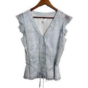 LOFT Women's Y2K Blue Paisley Button Tie Flutter Sleeve Cottagecore Blouse Sz 10